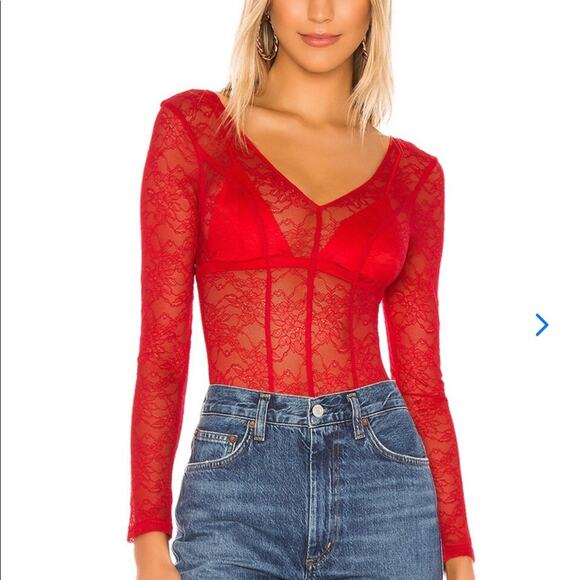 Lovers + Friends Pearson Bodysuit Cherry Red Lace Women’s XS Small NEW - Picture 4 of 12